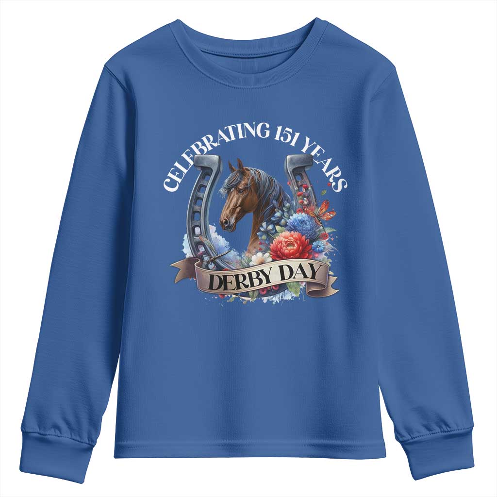 Celebrating 151 Years Derby Day Youth Sweatshirt Horse Racing Horseshoe Flowers TS11 Royal Blue Print Your Wear