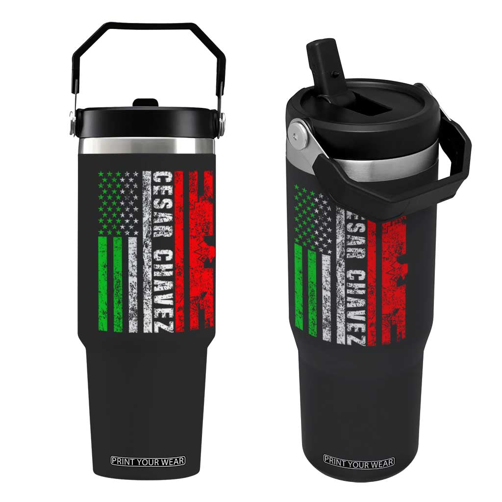 Cesar Chavez Flip Straw Tumbler American Mexican Flag Patriotic Mexico Distressed TS02 One Size: 30 oz Black Print Your Wear