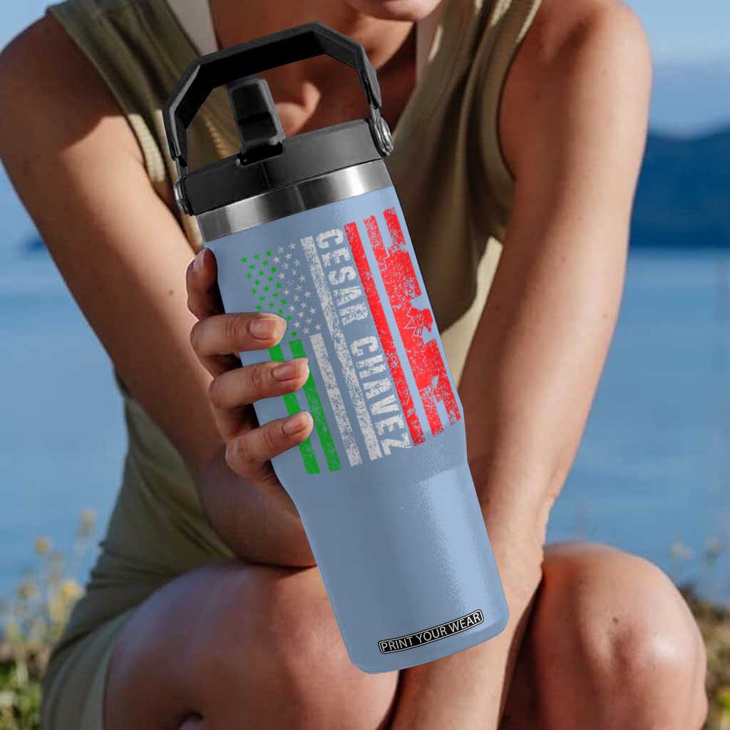 Cesar Chavez Flip Straw Tumbler American Mexican Flag Patriotic Mexico Distressed TS02 One Size: 30 oz Light Blue Print Your Wear