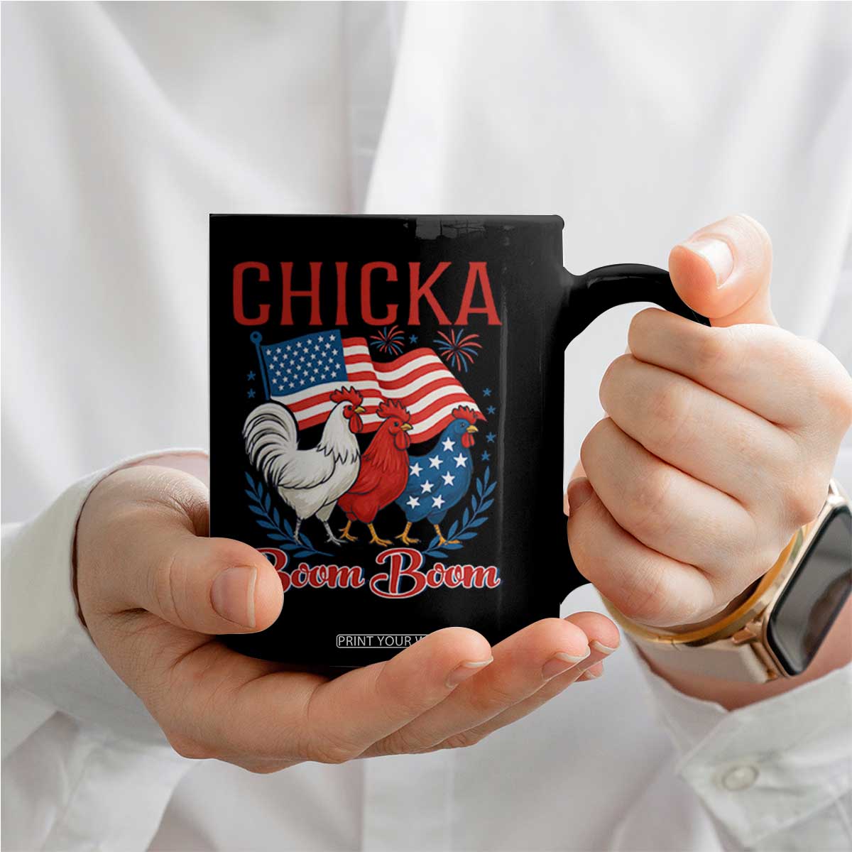 Chicka Boom Boom Patriotic Chicken Coffee Mug Funny Patriotic 4th of July Red White and Blue Farm TS02 Print Your Wear