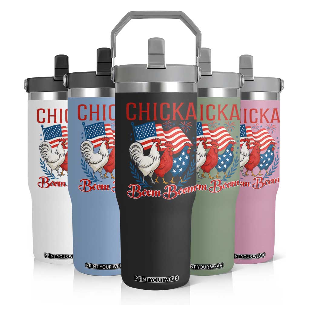 Chicka Boom Boom Patriotic Chicken Flip Straw Tumbler Funny Patriotic 4th of July Red White and Blue Farm TS02 Print Your Wear