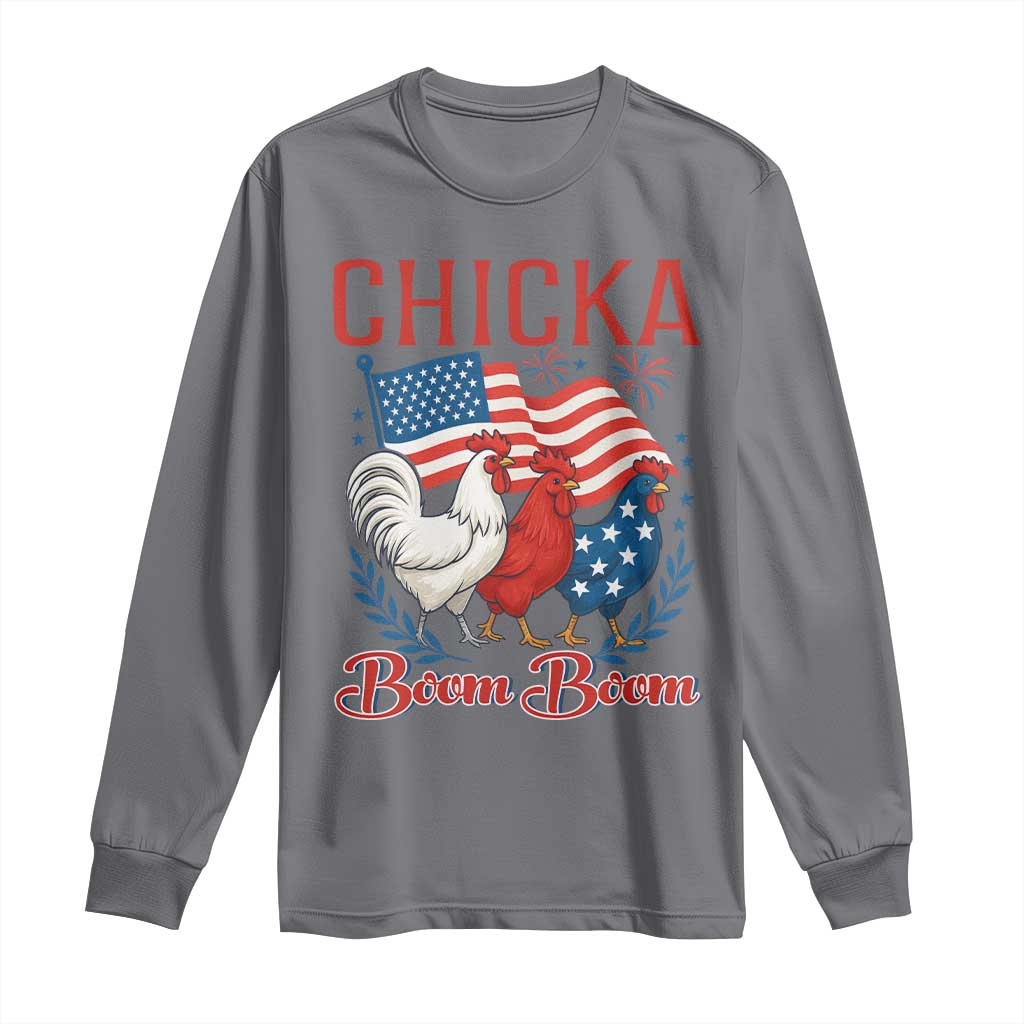 Chicka Boom Boom Patriotic Chicken Long Sleeve Shirt Funny Patriotic 4th of July Red White and Blue Farm TS02 Charcoal Print Your Wear