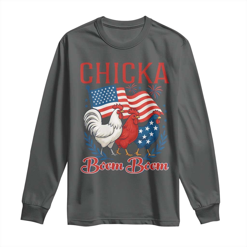 Chicka Boom Boom Patriotic Chicken Long Sleeve Shirt Funny Patriotic 4th of July Red White and Blue Farm TS02 Dark Heather Print Your Wear