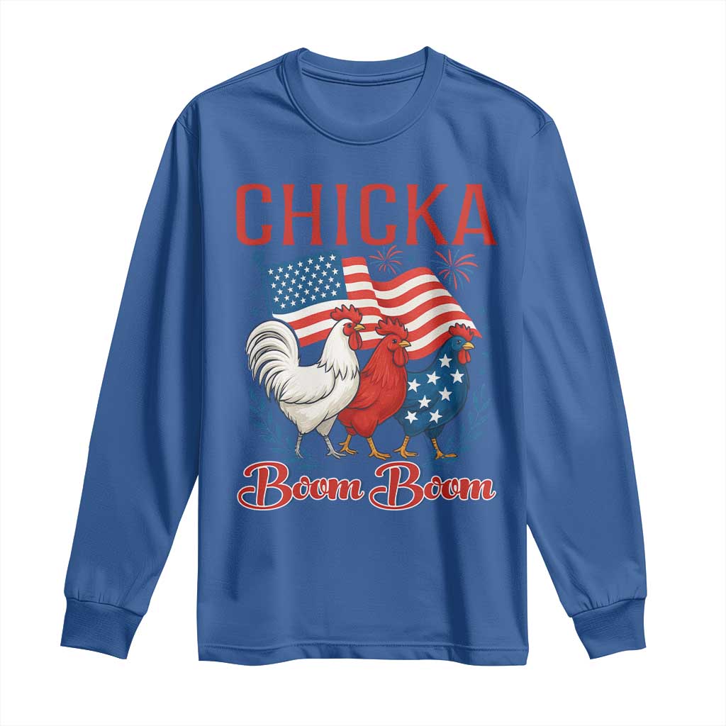 Chicka Boom Boom Patriotic Chicken Long Sleeve Shirt Funny Patriotic 4th of July Red White and Blue Farm TS02 Royal Blue Print Your Wear