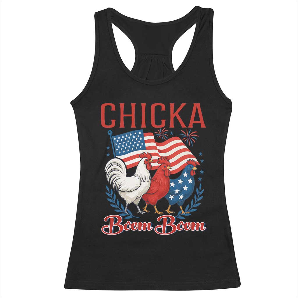 Chicka Boom Boom Patriotic Chicken Racerback Tank Top Funny Patriotic 4th of July Red White and Blue Farm TS02 Black Print Your Wear