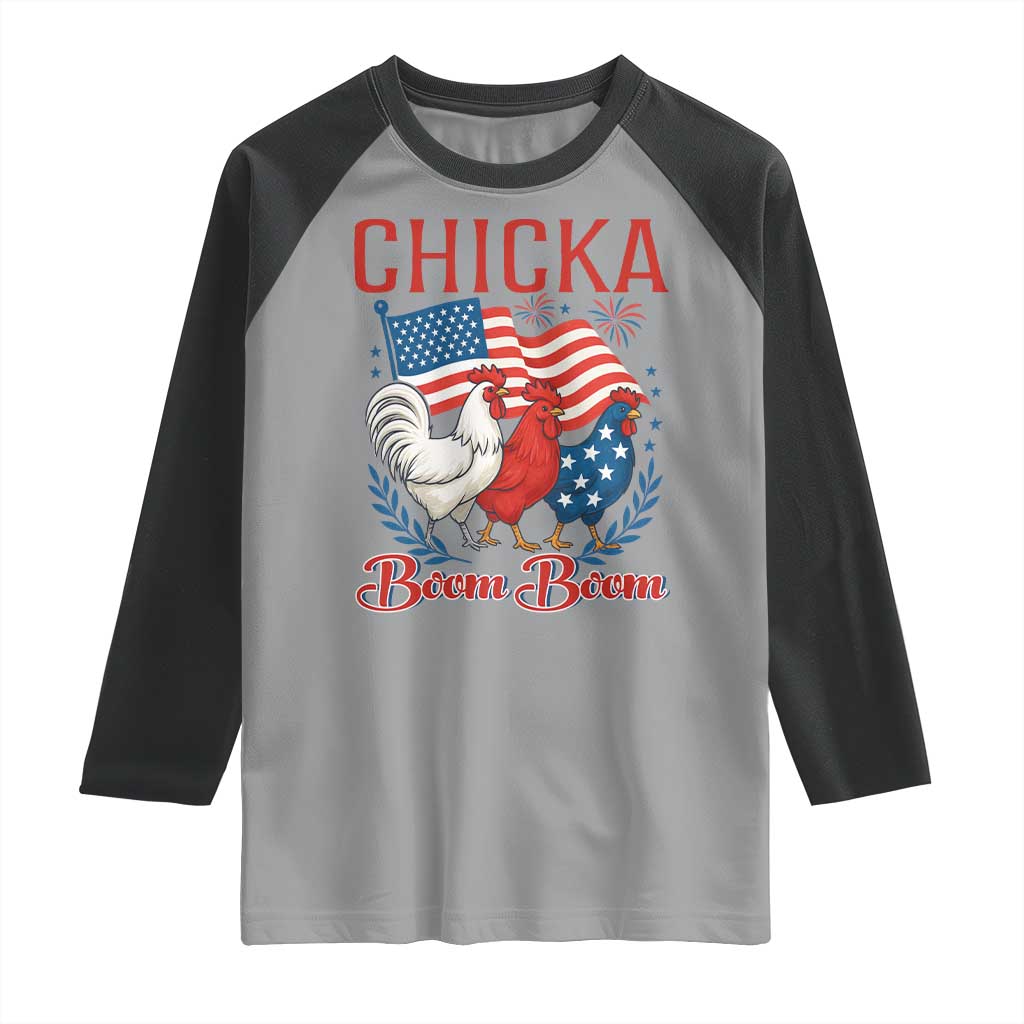 Chicka Boom Boom Patriotic Chicken Raglan Shirt Funny Patriotic 4th of July Red White and Blue Farm TS02 Sport Gray Black Print Your Wear