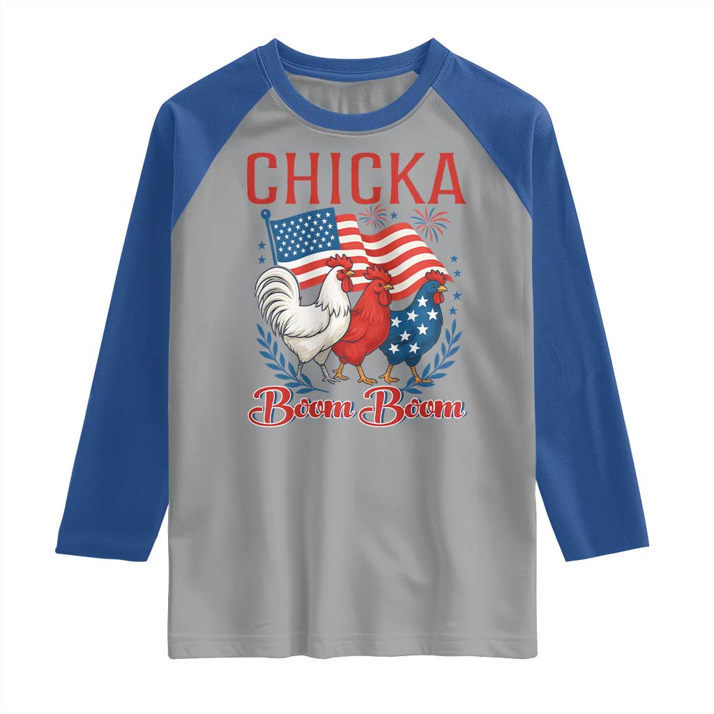Chicka Boom Boom Patriotic Chicken Raglan Shirt Funny Patriotic 4th of July Red White and Blue Farm TS02 Sport Gray Royal Print Your Wear