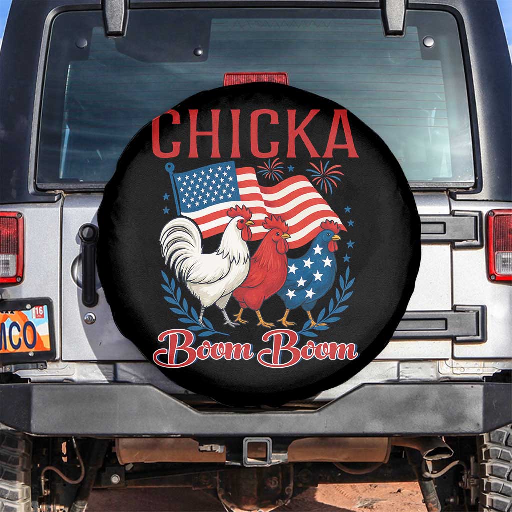 Chicka Boom Boom Patriotic Chicken Spare Tire Cover Funny Patriotic 4th of July Red White and Blue Farm TS02 No hole Black Print Your Wear