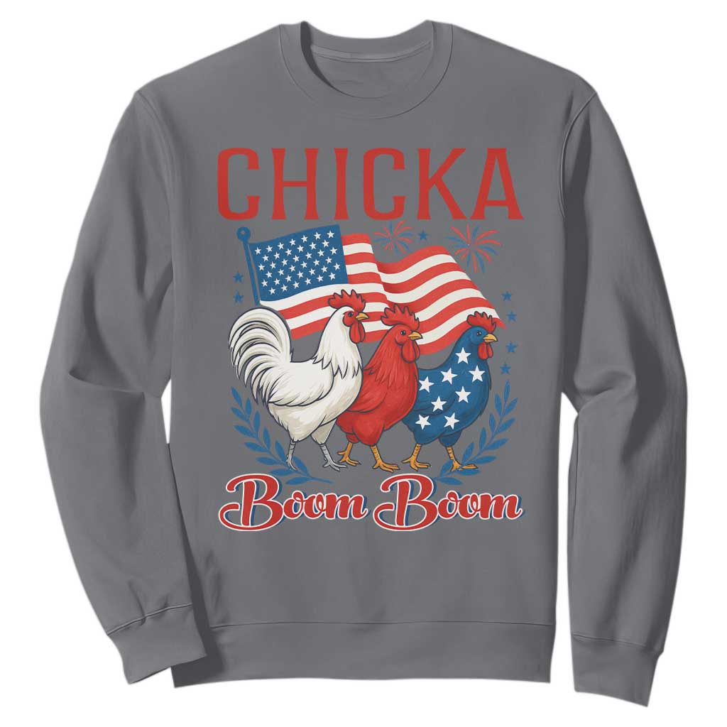 Chicka Boom Boom Patriotic Chicken Sweatshirt Funny Patriotic 4th of July Red White and Blue Farm TS02 Charcoal Print Your Wear