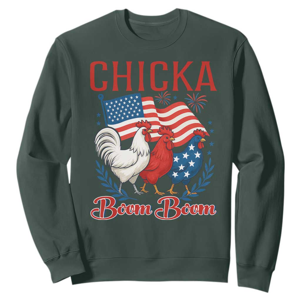 Chicka Boom Boom Patriotic Chicken Sweatshirt Funny Patriotic 4th of July Red White and Blue Farm TS02 Dark Forest Green Print Your Wear