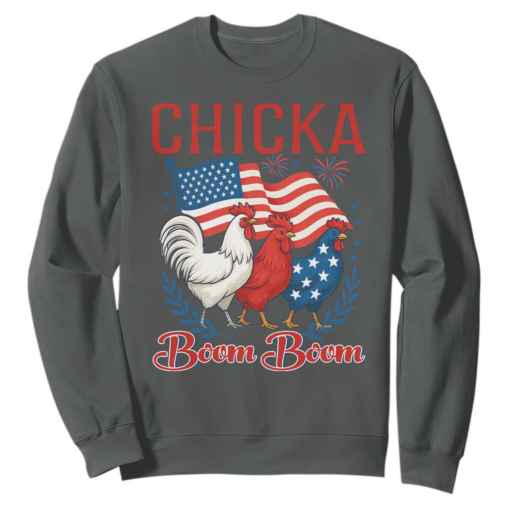 Chicka Boom Boom Patriotic Chicken Sweatshirt Funny Patriotic 4th of July Red White and Blue Farm TS02 Dark Heather Print Your Wear