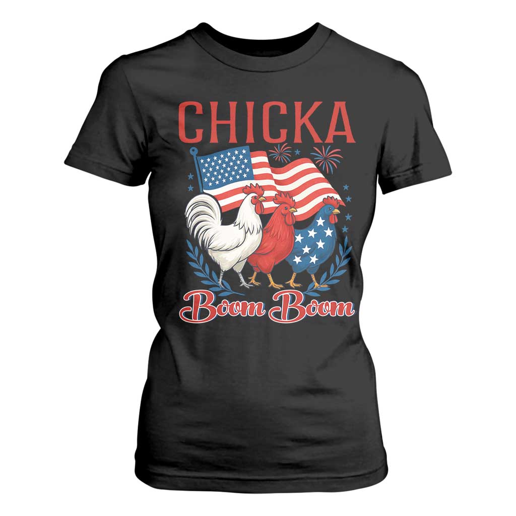 Chicka Boom Boom Patriotic Chicken T Shirt For Women Funny Patriotic 4th of July Red White and Blue Farm TS02 Black Print Your Wear