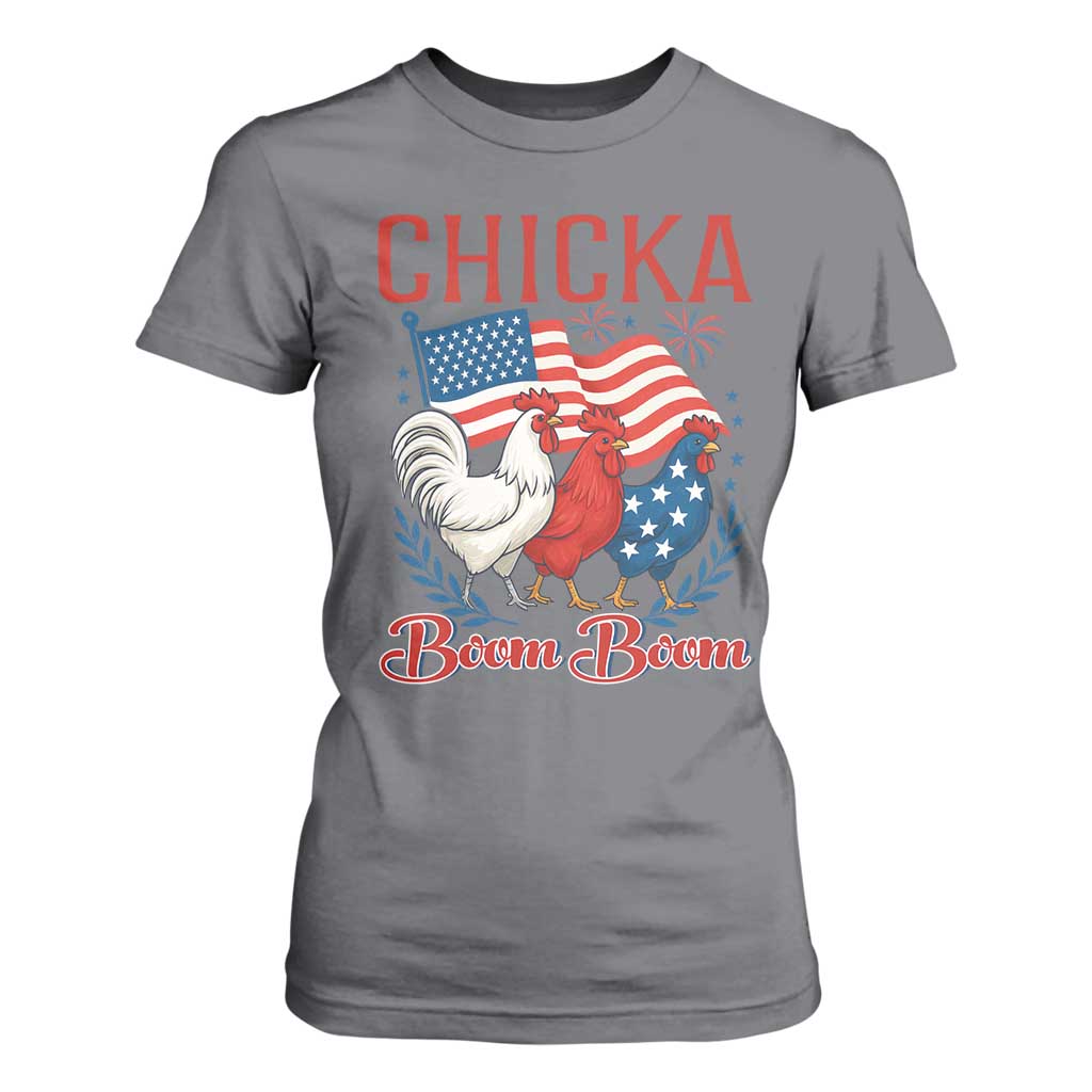 Chicka Boom Boom Patriotic Chicken T Shirt For Women Funny Patriotic 4th of July Red White and Blue Farm TS02 Charcoal Print Your Wear