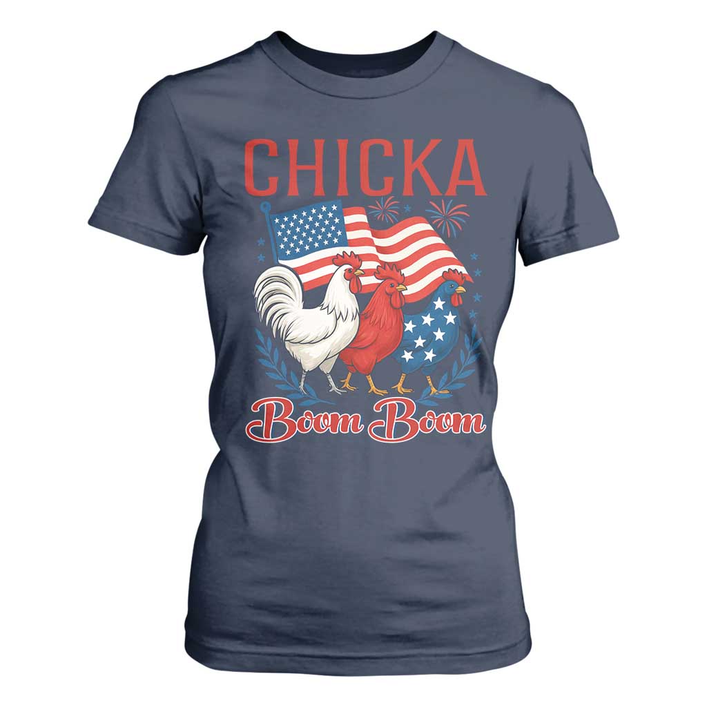 Chicka Boom Boom Patriotic Chicken T Shirt For Women Funny Patriotic 4th of July Red White and Blue Farm TS02 Navy Print Your Wear