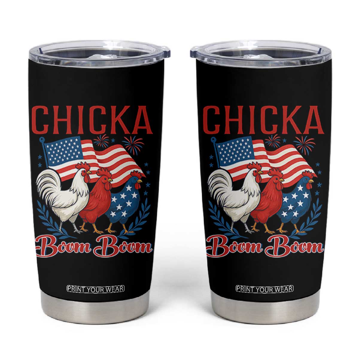 Chicka Boom Boom Patriotic Chicken Tumbler Cup Funny Patriotic 4th of July Red White and Blue Farm TS02 Black Print Your Wear