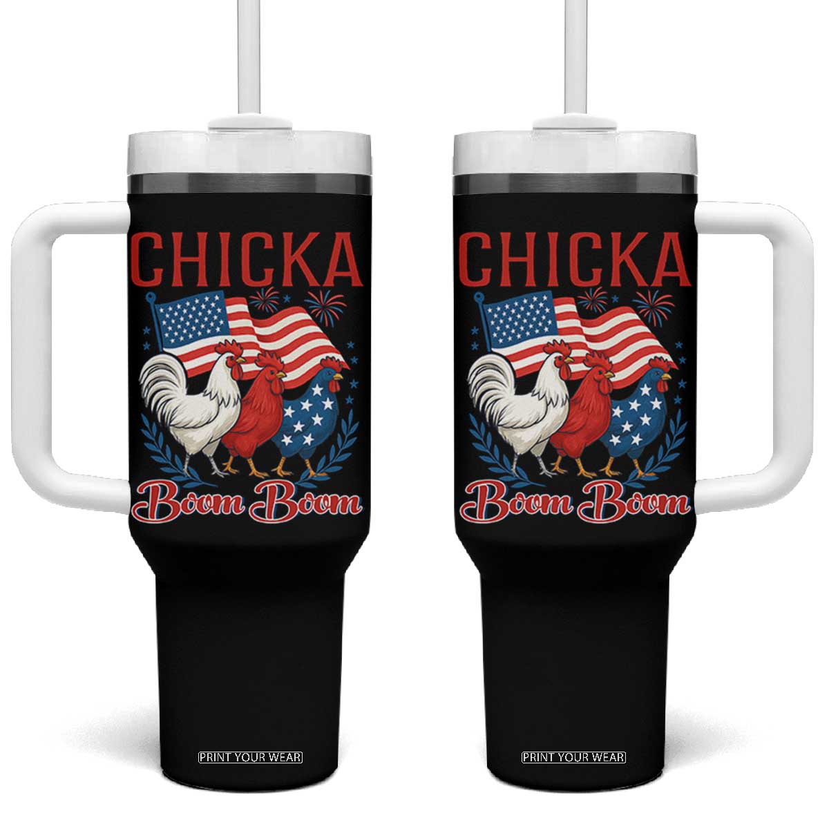 Chicka Boom Boom Patriotic Chicken Tumbler With Handle Funny Patriotic 4th of July Red White and Blue Farm TS02 One Size: 40 oz Black Print Your Wear