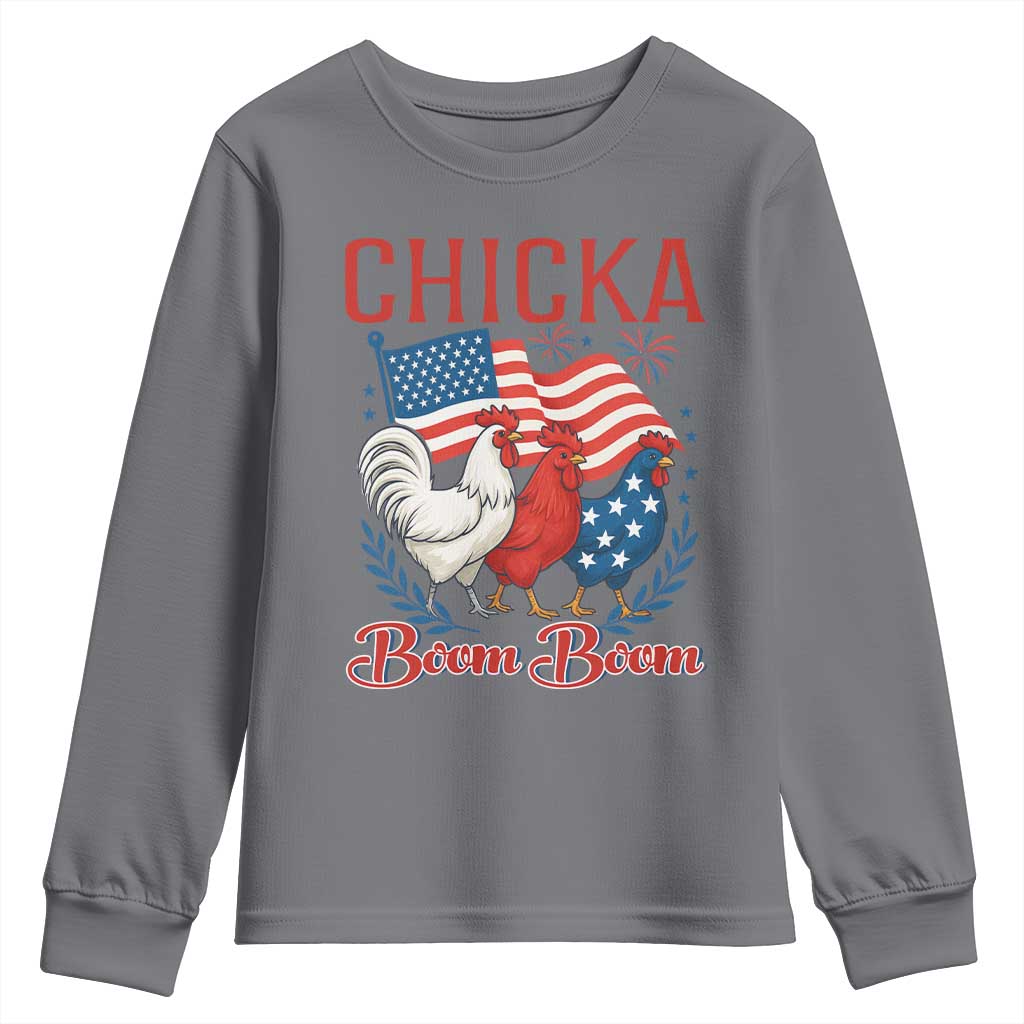 Chicka Boom Boom Patriotic Chicken Youth Sweatshirt Funny Patriotic 4th of July Red White and Blue Farm TS02 Charcoal Print Your Wear