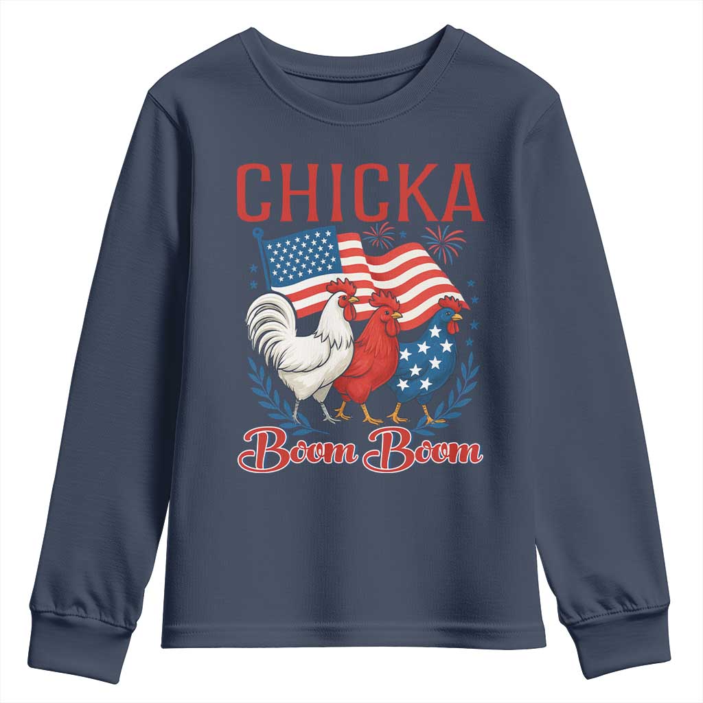 Chicka Boom Boom Patriotic Chicken Youth Sweatshirt Funny Patriotic 4th of July Red White and Blue Farm TS02 Navy Print Your Wear