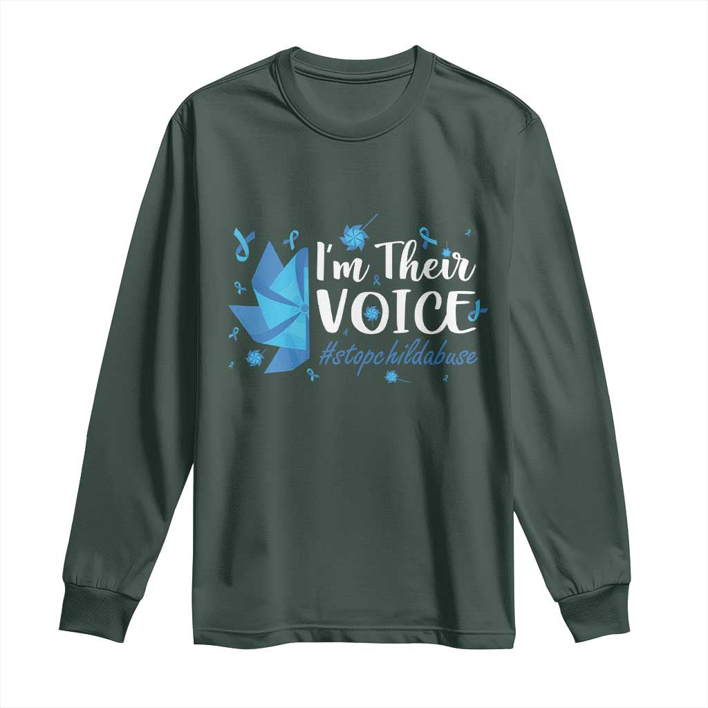 Child Abuse Prevention Awareness I'm Their Voice Long Sleeve Shirt Blue Pinwheels TS11 Dark Forest Green Print Your Wear