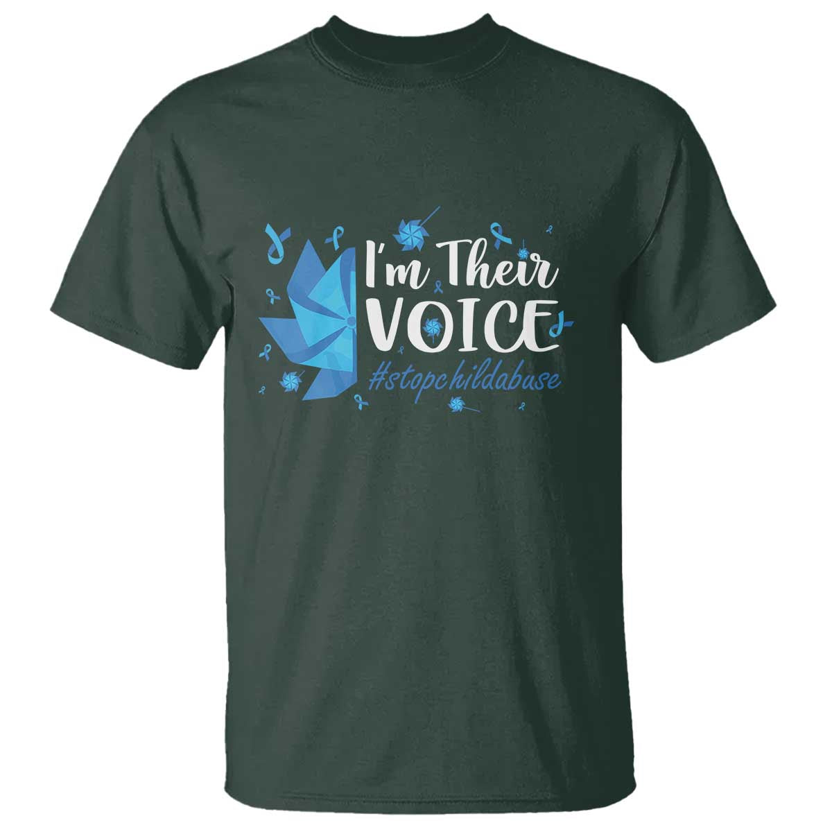 Child Abuse Prevention Awareness I'm Their Voice T Shirt Blue Pinwheels TS11 Dark Forest Green Print Your Wear