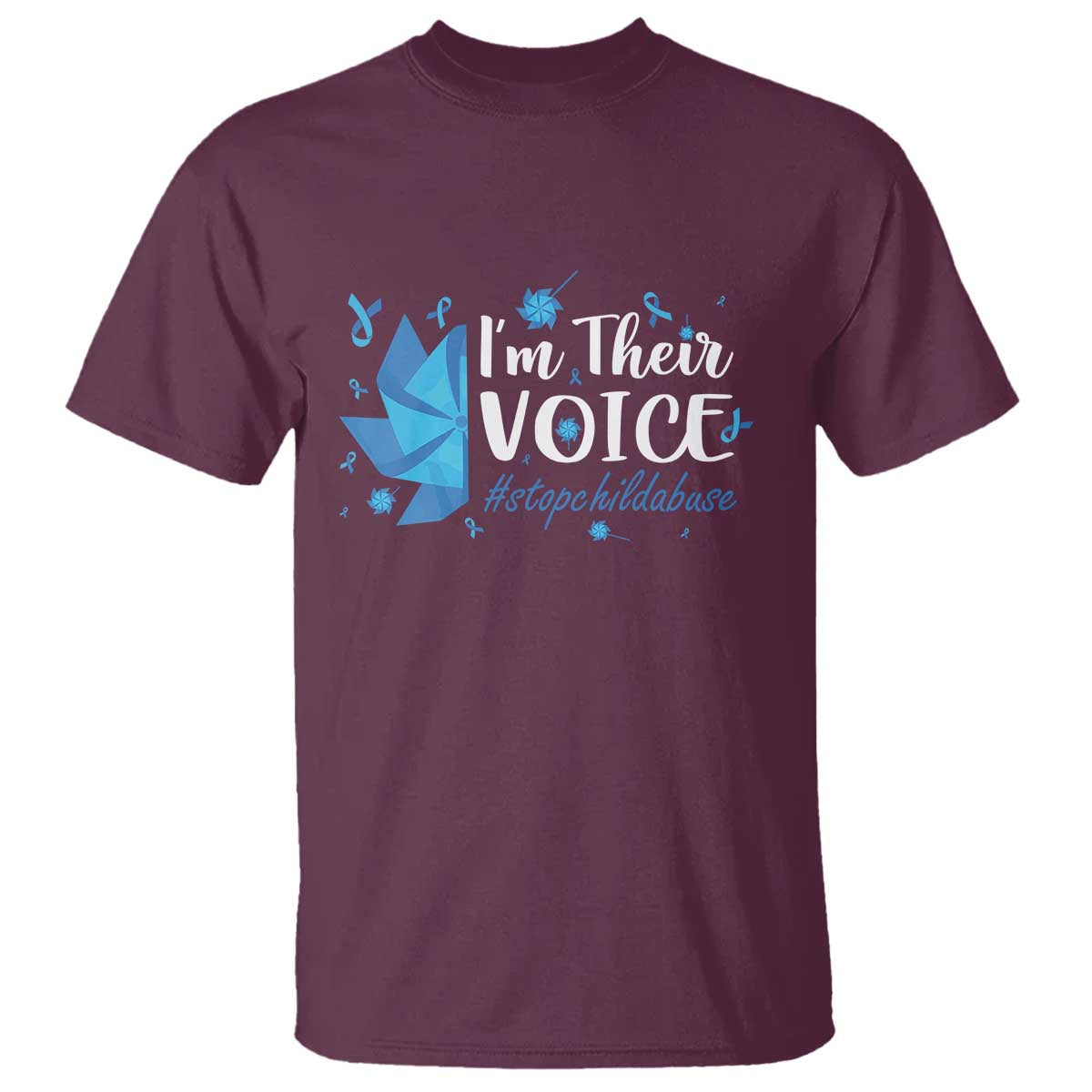 Child Abuse Prevention Awareness I'm Their Voice T Shirt Blue Pinwheels TS11 Maroon Print Your Wear