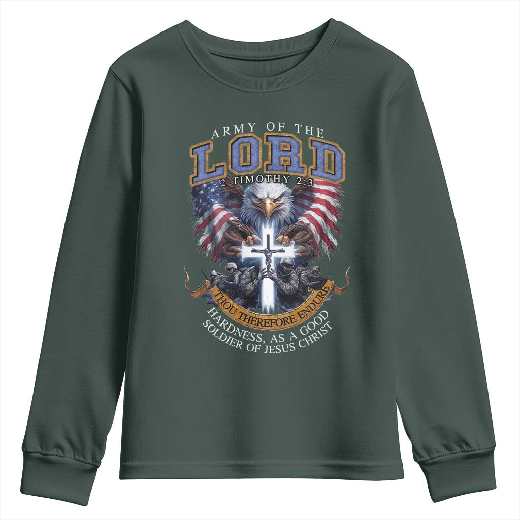 Christian Soldier Youth Sweatshirt Army Of The Lord Thou Therefore Endure Hardness As A Good Soldier TS11 Dark Forest Green Print Your Wear