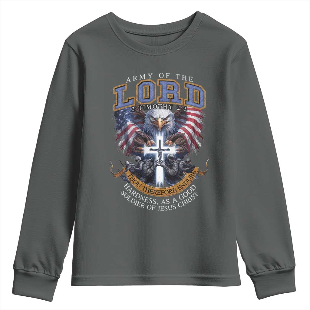 Christian Soldier Youth Sweatshirt Army Of The Lord Thou Therefore Endure Hardness As A Good Soldier TS11 Dark Heather Print Your Wear