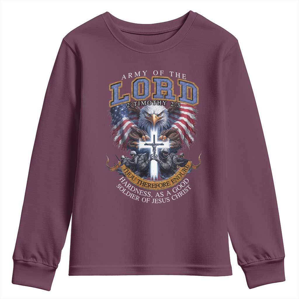 Christian Soldier Youth Sweatshirt Army Of The Lord Thou Therefore Endure Hardness As A Good Soldier TS11 Maroon Print Your Wear