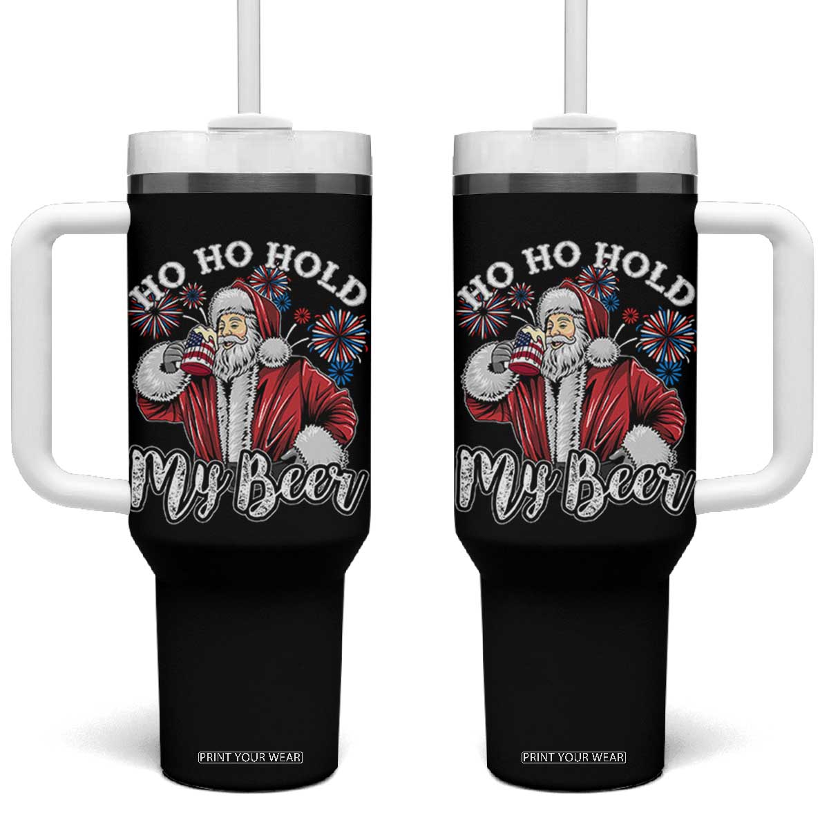 Christmas In July Tumbler With Handle Ho Ho Hold My Beer Summer Santa USA Flag 4th Of July TS11 One Size: 40 oz Black Print Your Wear