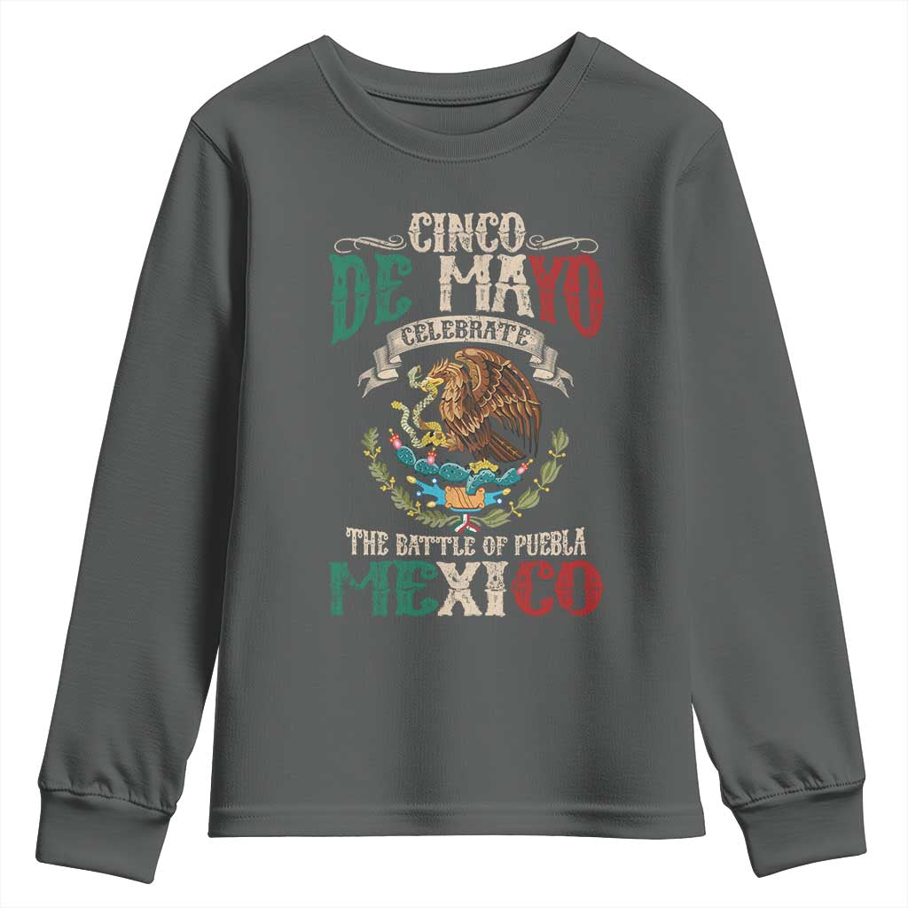 Cinco De Mayo Celebrate The Battle Of Puebla Mexico Youth Sweatshirt Vintage Mexican Flag TS11 Dark Heather Print Your Wear