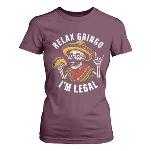 Cinco De Mayo Skeleton T Shirt For Women Relax Gringo I'm Legal Poncho TS02 Maroon Print Your Wear