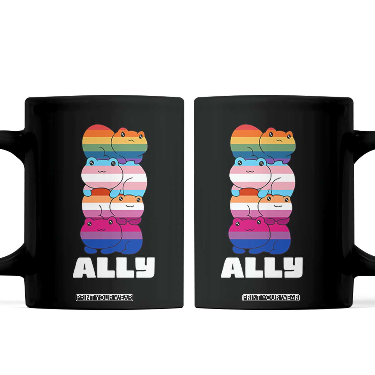 Colorful LGBTQ+ Ally Frogs Stack Coffee Mug Kawaii Gay Pride Support TS02 Black Print Your Wear