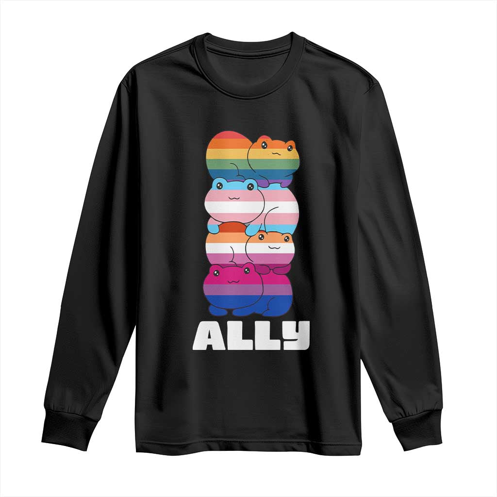Colorful LGBTQ+ Ally Frogs Stack Long Sleeve Shirt Kawaii Gay Pride Support TS02 Black Print Your Wear