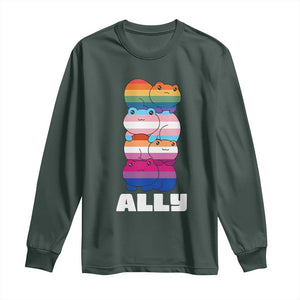 Colorful LGBTQ+ Ally Frogs Stack Long Sleeve Shirt Kawaii Gay Pride Support TS02 Dark Forest Green Print Your Wear