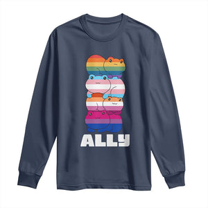 Colorful LGBTQ+ Ally Frogs Stack Long Sleeve Shirt Kawaii Gay Pride Support TS02 Navy Print Your Wear