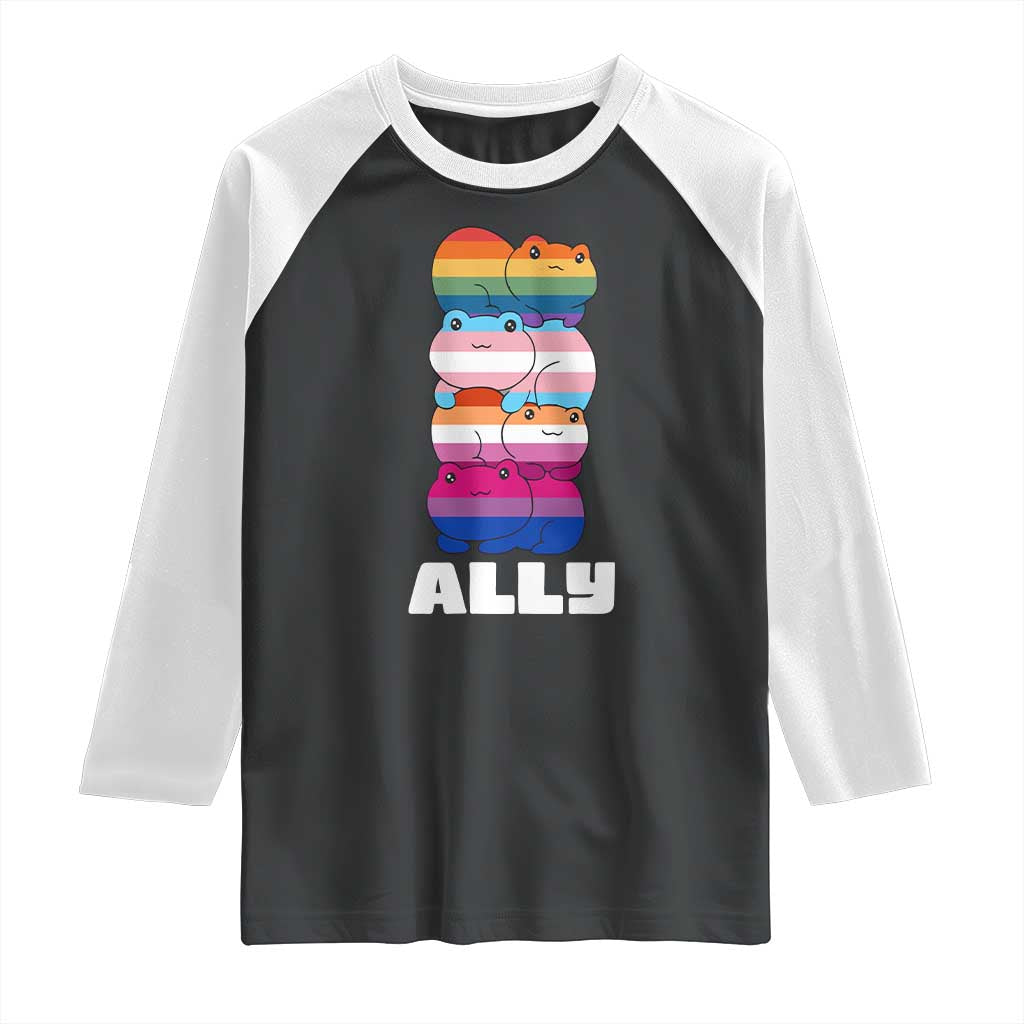 Colorful LGBTQ+ Ally Frogs Stack Raglan Shirt Kawaii Gay Pride Support TS02 Black White Print Your Wear