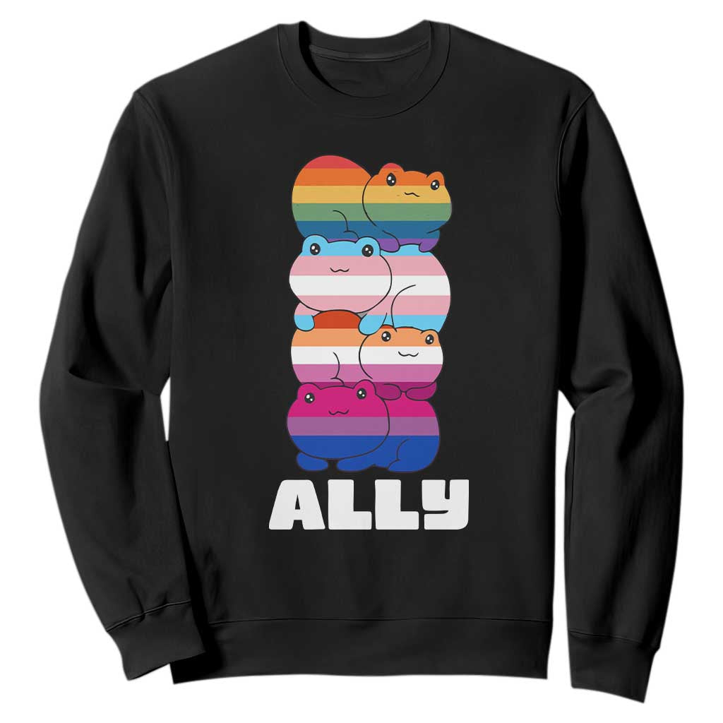 Colorful LGBTQ+ Ally Frogs Stack Sweatshirt Kawaii Gay Pride Support TS02 Black Print Your Wear