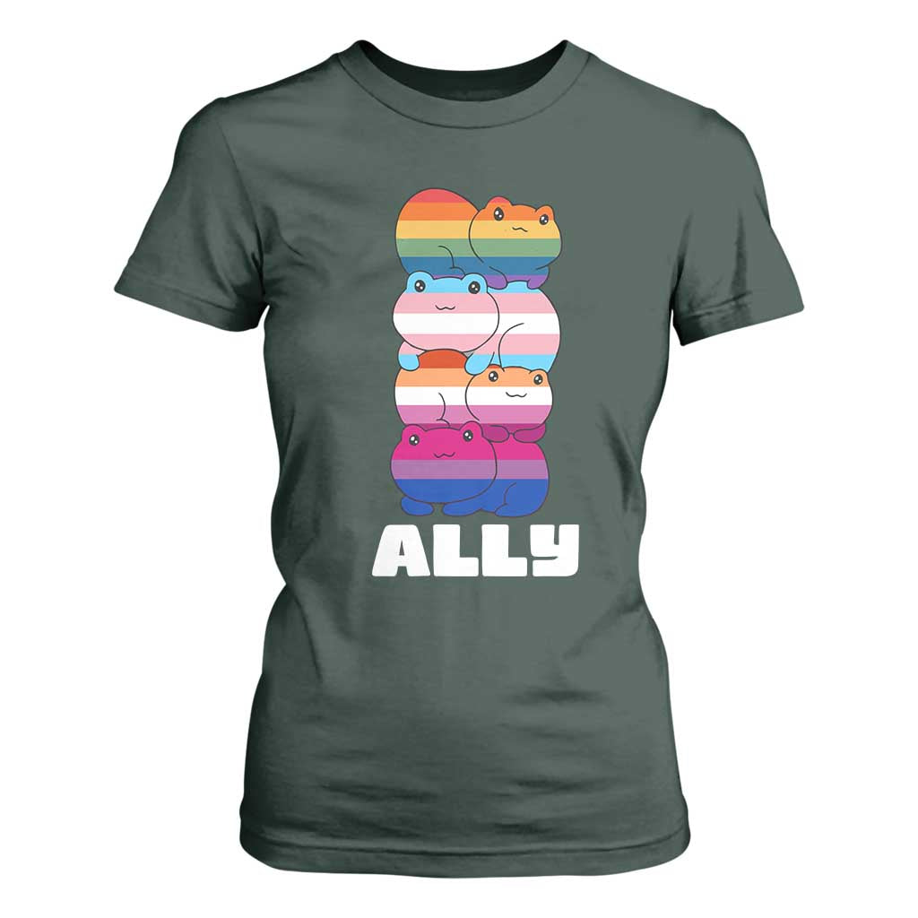Colorful LGBTQ+ Ally Frogs Stack T Shirt For Women Kawaii Gay Pride Support TS02 Dark Forest Green Print Your Wear