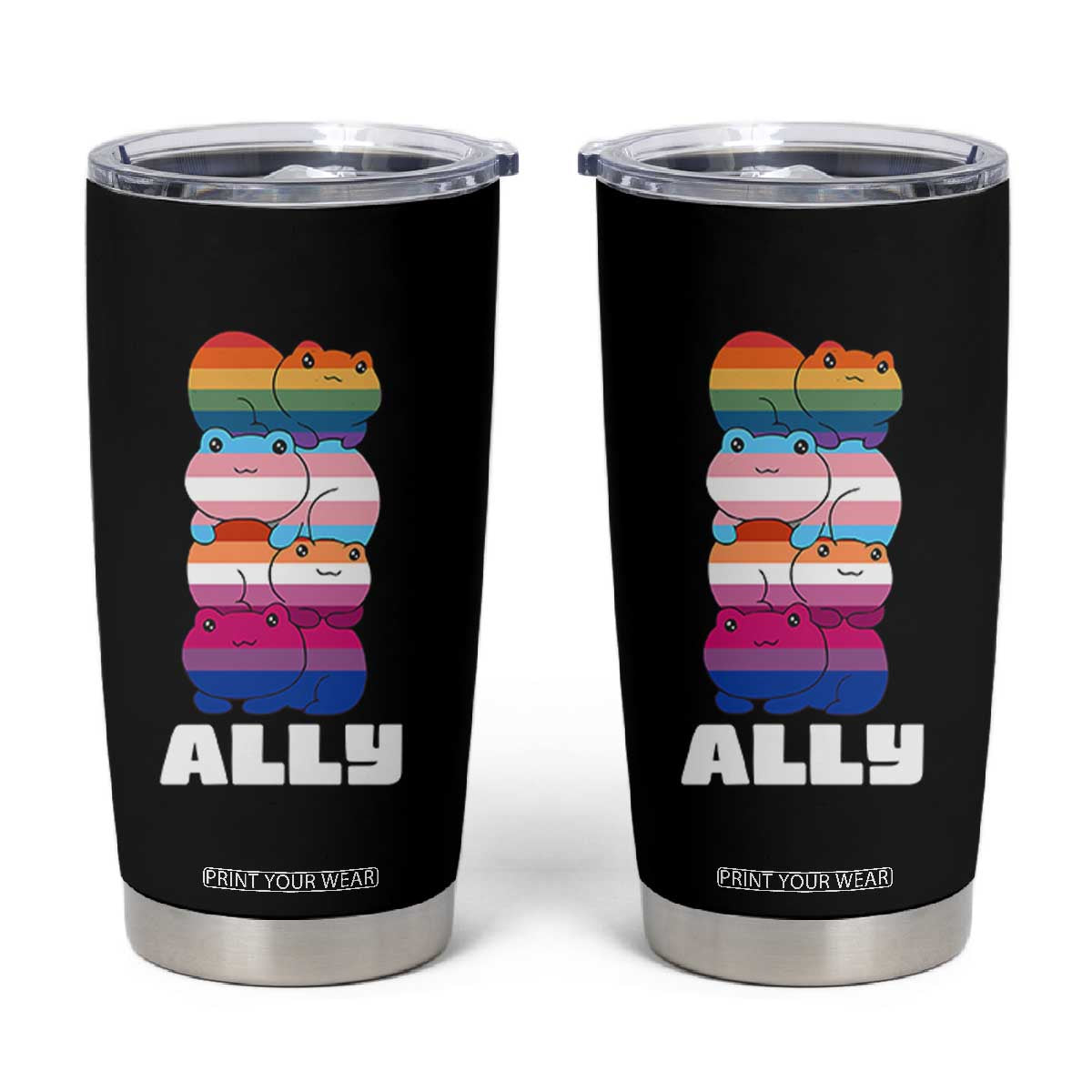 Colorful LGBTQ+ Ally Frogs Stack Tumbler Cup Kawaii Gay Pride Support TS02 Black Print Your Wear