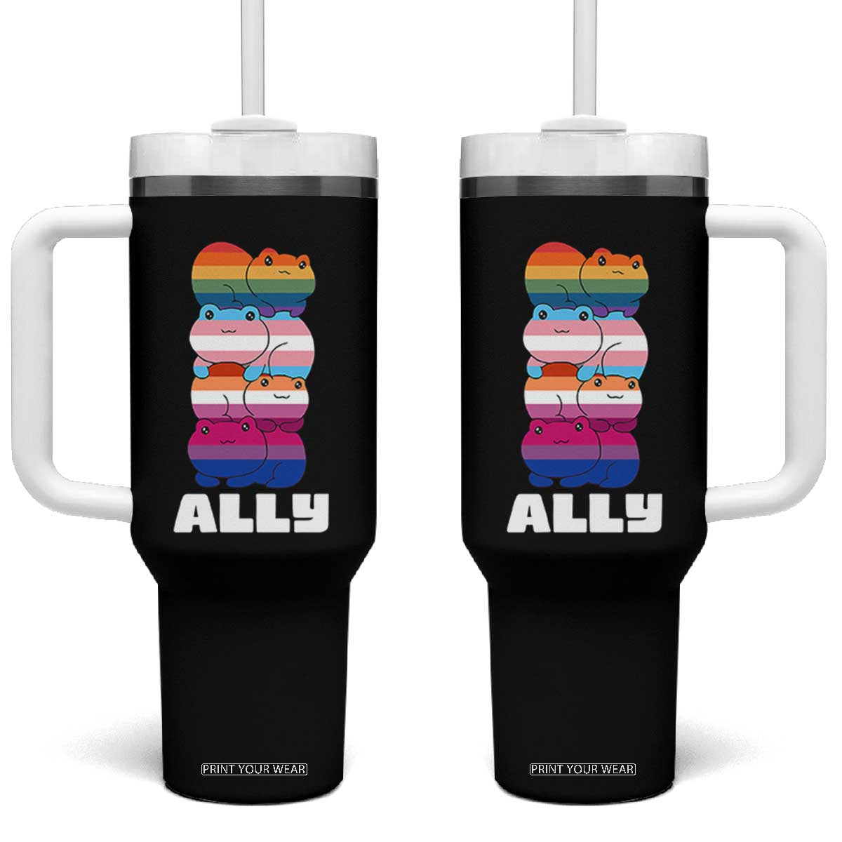 Colorful LGBTQ+ Ally Frogs Stack Tumbler With Handle Kawaii Gay Pride Support TS02 One Size: 40 oz Black Print Your Wear