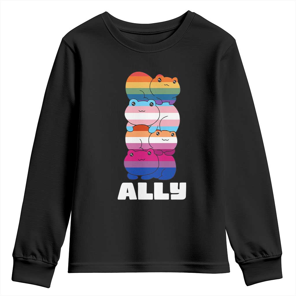 Colorful LGBTQ+ Ally Frogs Stack Youth Sweatshirt Kawaii Gay Pride Support TS02 Black Print Your Wear