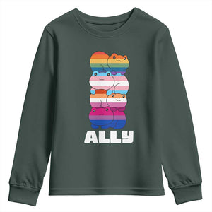 Colorful LGBTQ+ Ally Frogs Stack Youth Sweatshirt Kawaii Gay Pride Support TS02 Dark Forest Green Print Your Wear