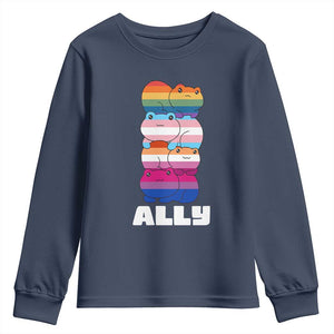 Colorful LGBTQ+ Ally Frogs Stack Youth Sweatshirt Kawaii Gay Pride Support TS02 Navy Print Your Wear