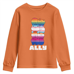 Colorful LGBTQ+ Ally Frogs Stack Youth Sweatshirt Kawaii Gay Pride Support TS02 Orange Print Your Wear