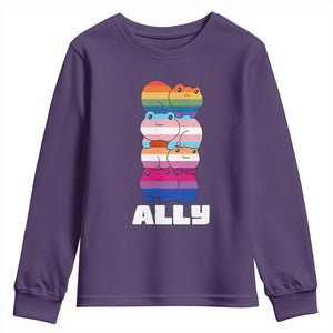 Colorful LGBTQ+ Ally Frogs Stack Youth Sweatshirt Kawaii Gay Pride Support TS02 Purple Print Your Wear