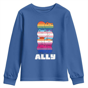 Colorful LGBTQ+ Ally Frogs Stack Youth Sweatshirt Kawaii Gay Pride Support TS02 Royal Blue Print Your Wear