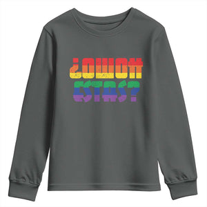 Como Estas Youth Sweatshirt Funny Spanish LGBT Pride Latinx Retro Queer Inclusive Gift TS10 Dark Heather Print Your Wear