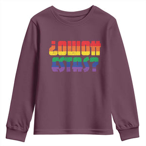 Como Estas Youth Sweatshirt Funny Spanish LGBT Pride Latinx Retro Queer Inclusive Gift TS10 Maroon Print Your Wear