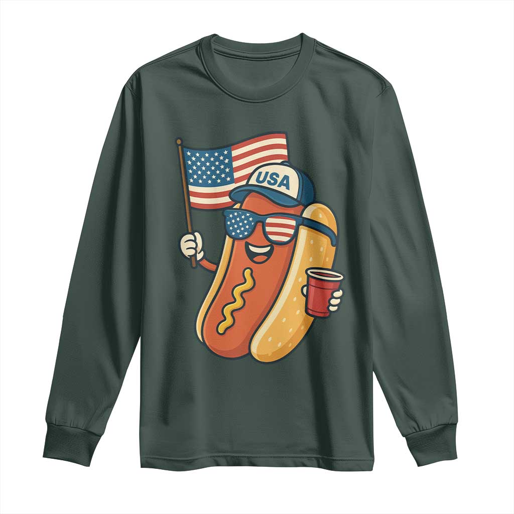 Cool Patriotic Hot Dog Long Sleeve Shirt Funny 4th of July Cookout 4th of July American Flag TS02 Dark Forest Green Print Your Wear