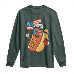 Cool Patriotic Hot Dog Long Sleeve Shirt Funny 4th of July Cookout 4th of July American Flag TS02 Dark Forest Green Print Your Wear